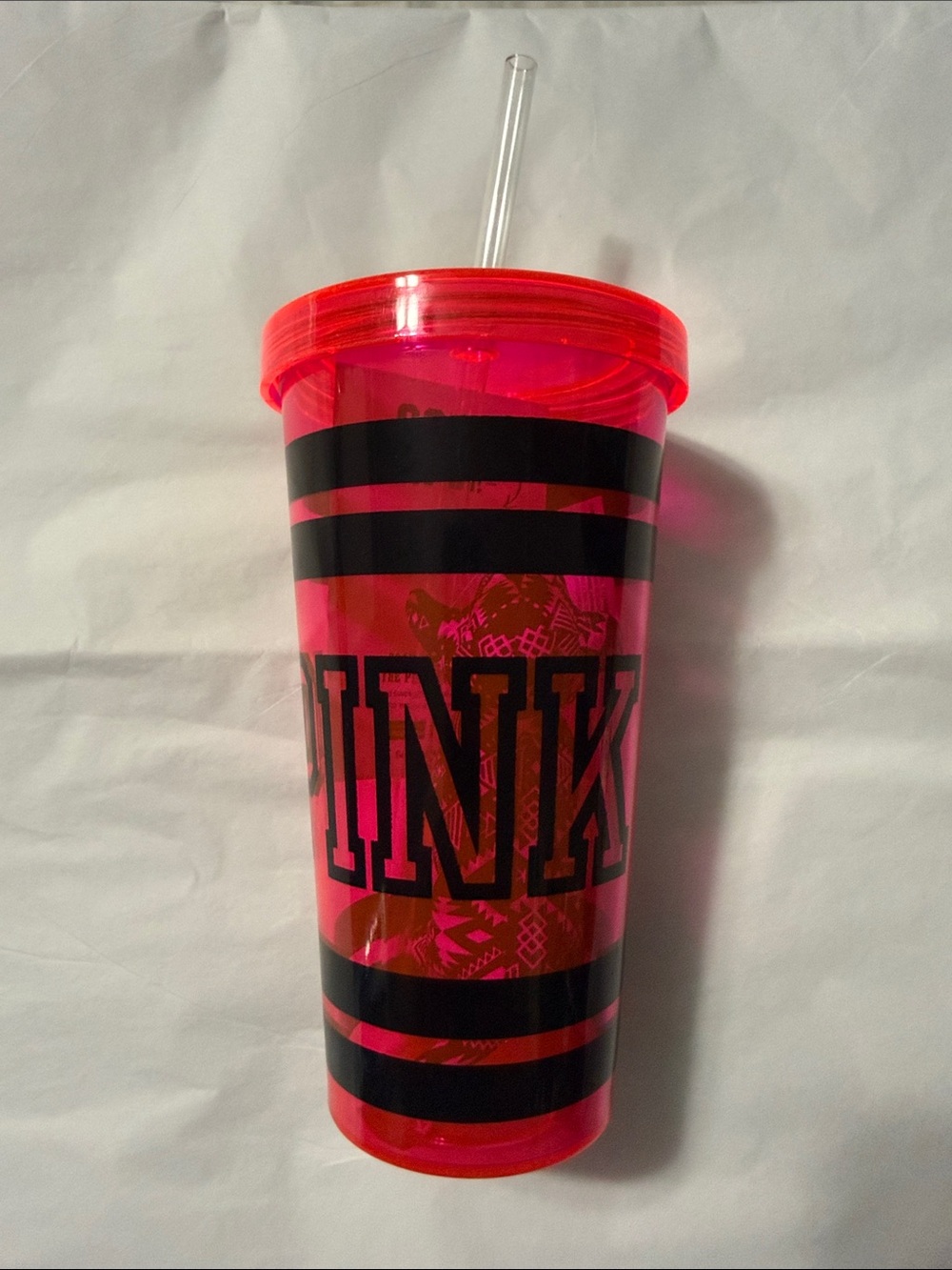 PINK Striped Reusable PINK Tumbler (Bonus Mini Dog inside) with Straw (NWT)